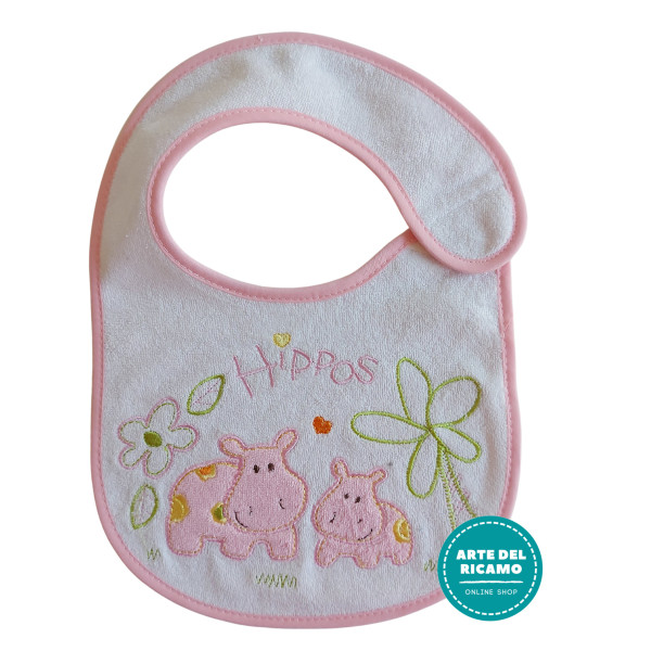 Baby Bib with Strap Closure - Hippos - Pink